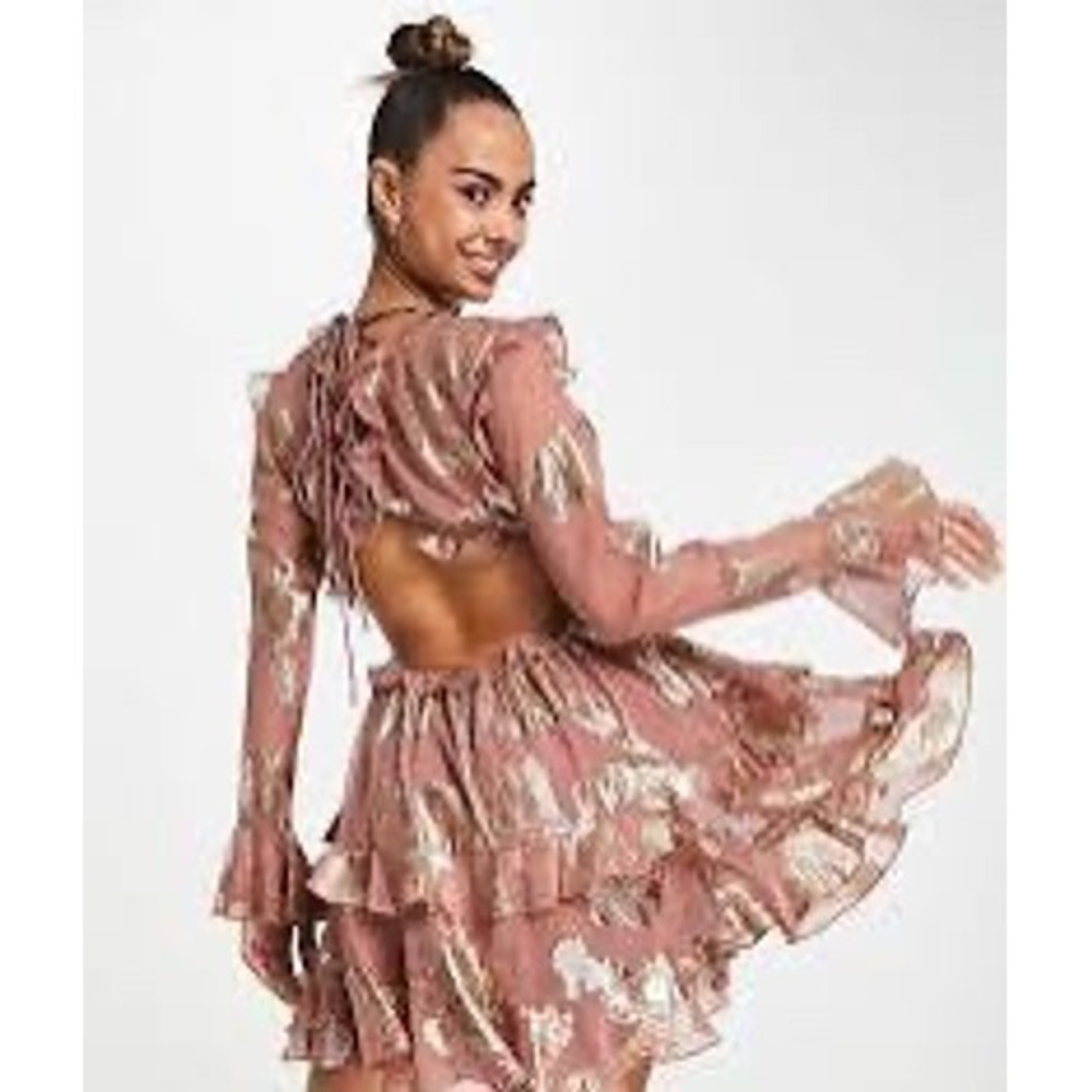Altar'd State Mollee GG143 Burgundy Gold Metallic Floral Mini Dress Medium - Picture 3 of 15